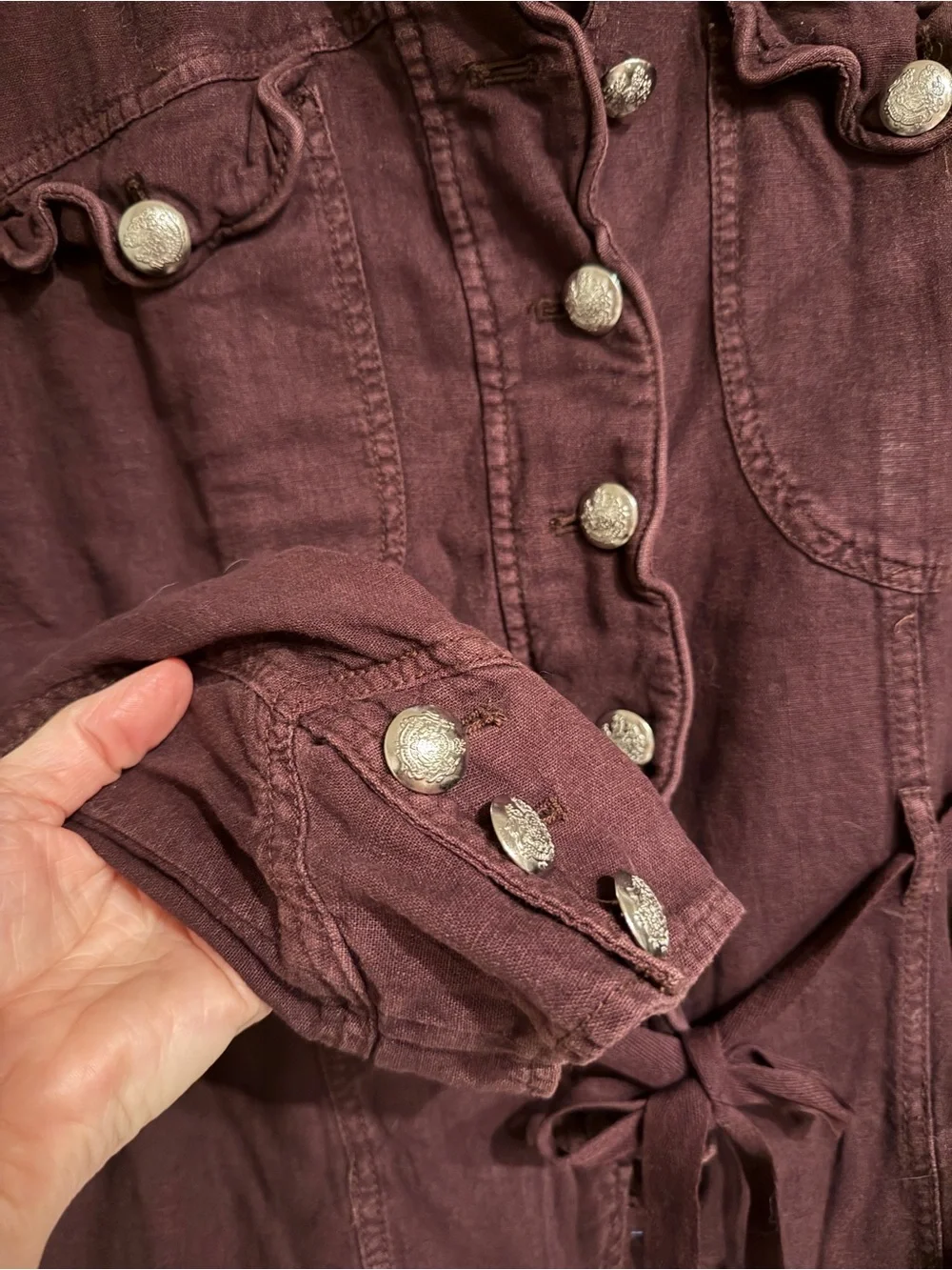 Free People Burgundy Military-Style Utility Jacket with Lace Trim